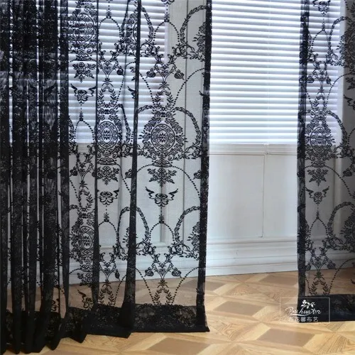 Black White Embroidery Tulle Curtains For Room Lace Romantic Voile Sheer Curtain