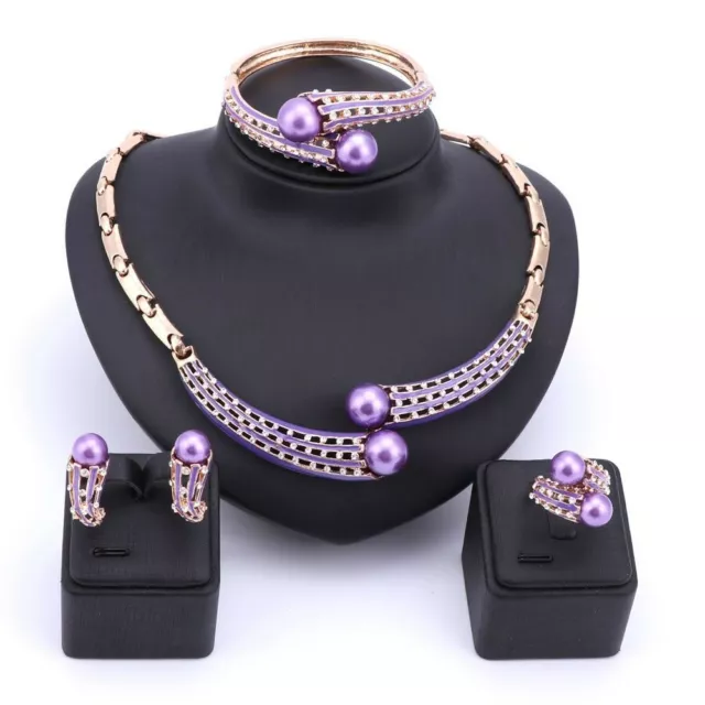 Women Gold/Plated Crystal Pearl Enamel Necklace Bangle Earring Ring Jewelry Sets