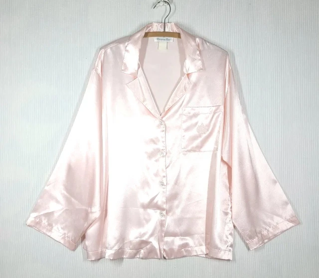 Vtg 80s Christian Dior Pink Satin Pajama Shirt XL Oversize Logo Pocket Retro
