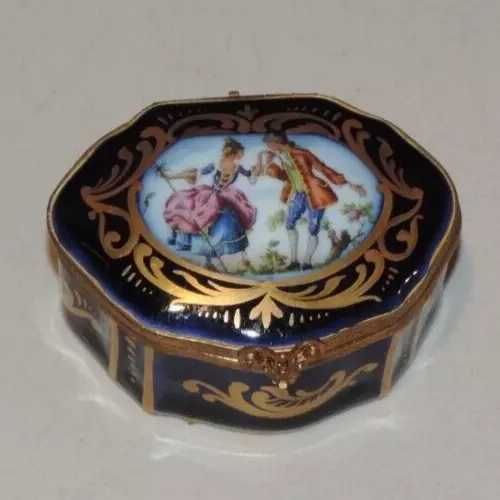 Hand Painted Antique French Sevres Porcelain Cobalt Courting Trinket Box