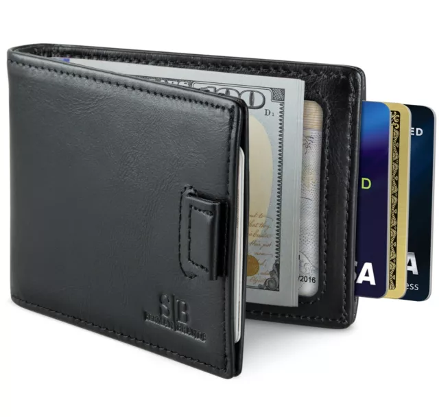 Genuine Leather RFID Blocking Bifold Mens Slim Minimalist Wallet with Money Clip