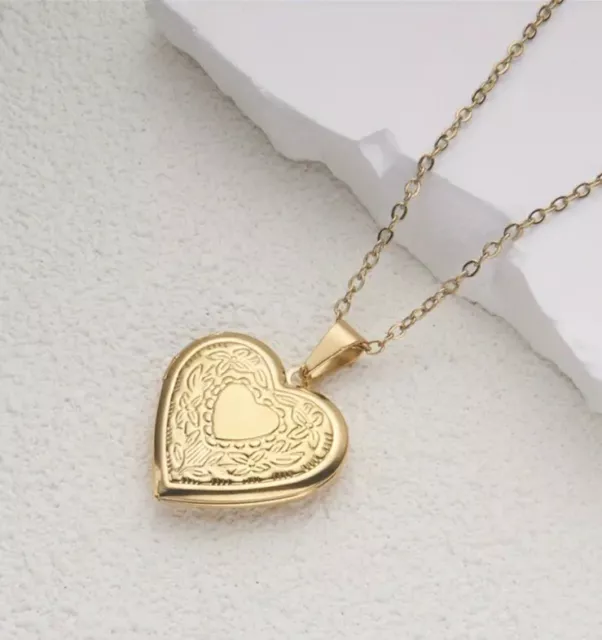 18K Gold Necklace Pendant and 20'' Chain Double Heart Large Locket 18CT Filled