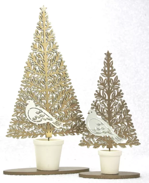 Gisela Graham Weihnachten Gold Cremeholz Bretwork Baum Mit Taubenornament X 2