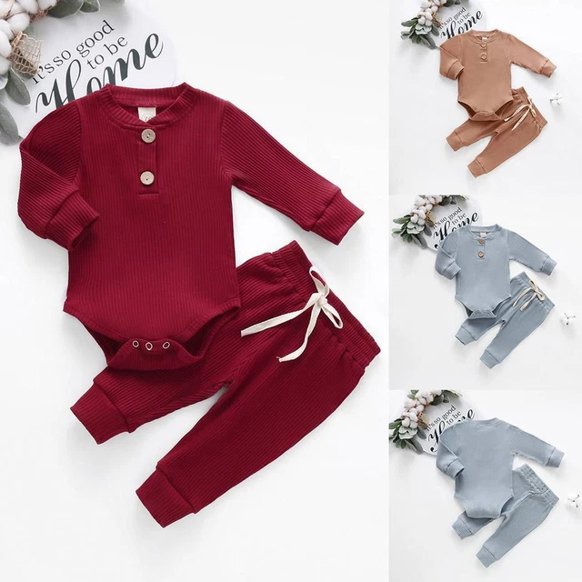 Newborn Baby Boy Girl Clothes Ribbed Romper Jumpsuit Bodysuit Pants Outfits Set