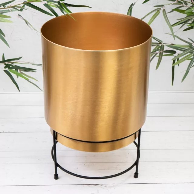 Gold Metal Round Metalic Flower Pot Indoor Planters on Modern Black Stand