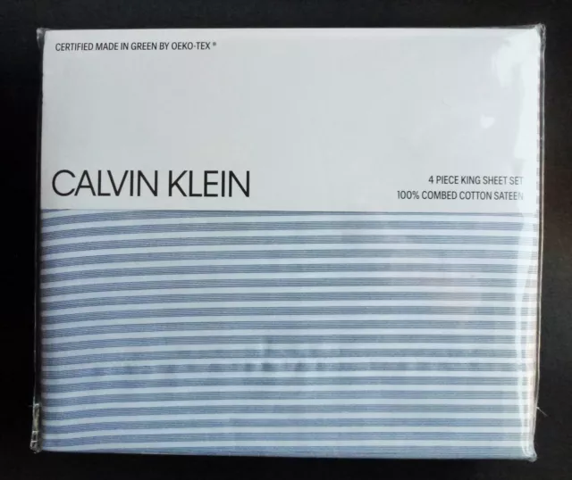 New CALVIN KLEIN 4pc Stripe KING Sheet Set 100% Combed Cotton Sateen