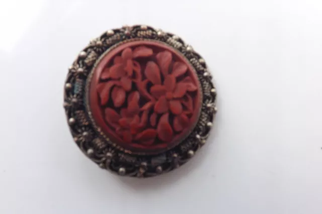 A Beautiful Chinese Red Cinnabar Lacquer Button Floral Design 3Cms (3871)