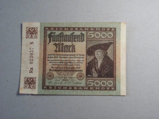 Reichsbanknote 5000 Mark 2 .Dez. 1922 Berlin bankfrisch Ra 023057 S