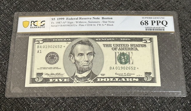 1999 5 Dollar Star Note Boston PCGS 68 Graded Superb Gem UNC