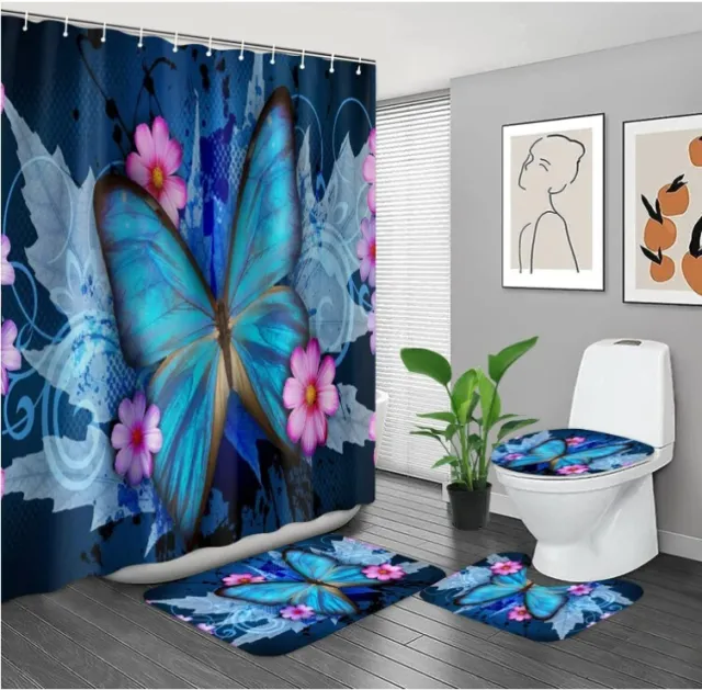 Modern Blue Butterfly Bathroom Sets, Shower Curtain Sets