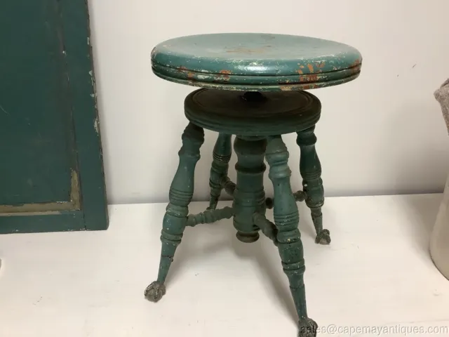 Antique Painted Piano Stool Claw Foot Glass Ball Chippy Green Paint Farmhouse