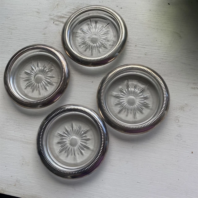 Coaster Ashtray Lot Of 4 Vintage Leonard Silverplate Glass Coasters Starburst