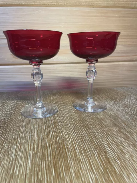 lot of 2 Morgantown Radiant Ruby Red Liquor Cocktail Glasses Vintage clear stem