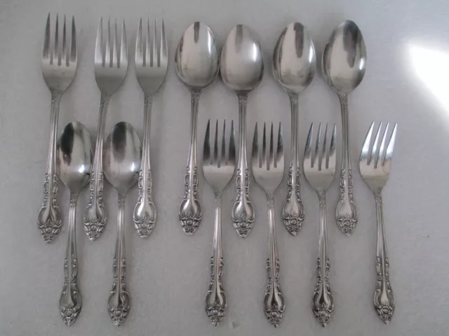 ROGERS STAINLESS FLATWARE 13 Piece Set Floral Rose Flower Handles Korea
