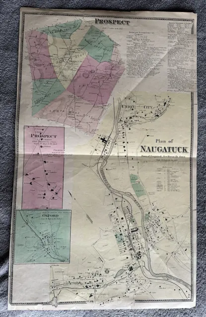 Naugatuck Prospect Oxford  CT 1868 antique colored map. Shows homeowners names.
