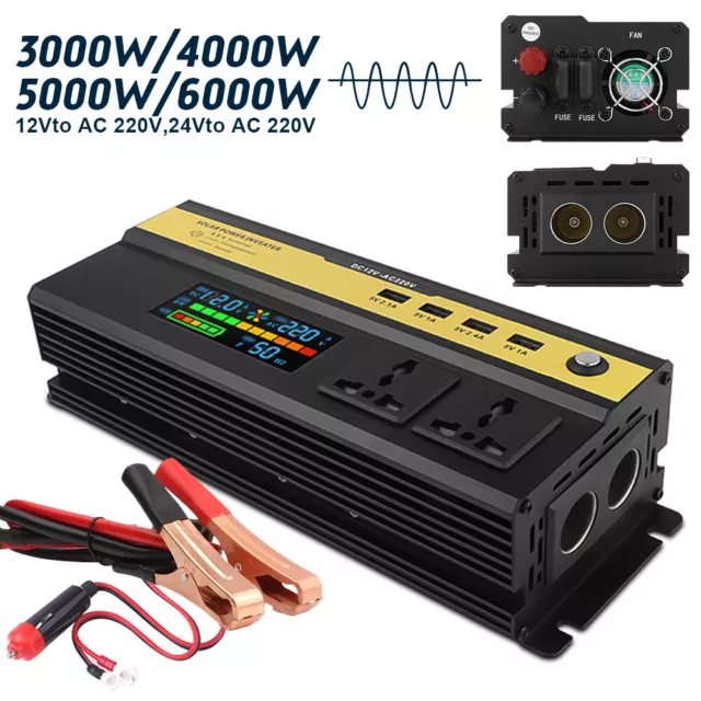 3000/6000W Car Power Inverter DC 12/24V To AC 220V Sine Wave Solar Converter LCD