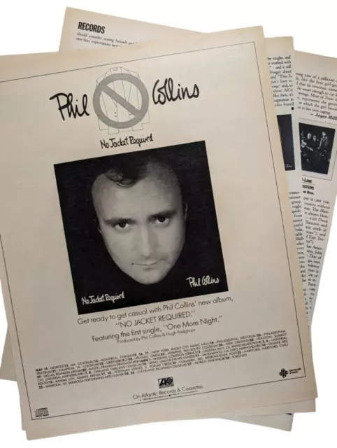 Phil Collins "No Jacket Required" Ad + Review 1985 Rolling Stone ~9.5x12" 3pg