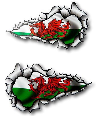 LRG LONG Handed Pair Ripped Torn Metal Welsh Wales CYMRU Flag car sticker Decal