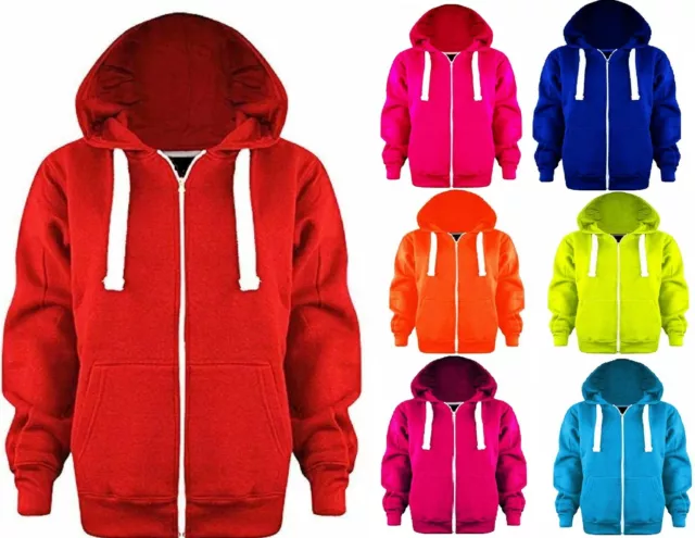 Girls Boys Plain Coloured Fleece Hoodie Junior Zip Up Hooded Jacket Hoody Tops