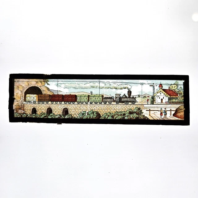 Antique Magic Lantern Ernst Plank Glass Slide Railroad Train Station Scene 2"x7"