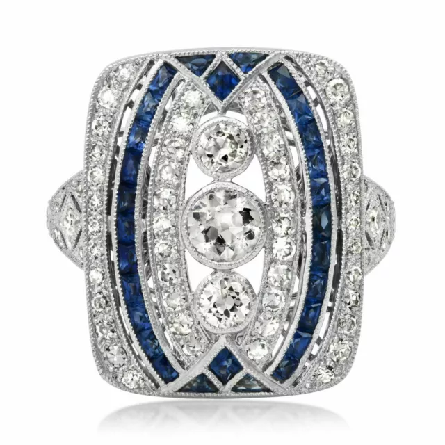 Art Deco Style 2.25Ct Lab Created Diamond & Sapphire Engagement 925 Silver Ring