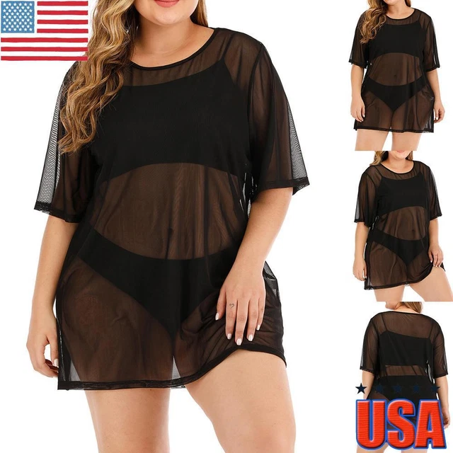 Plus Size Women Lady Sheer Mesh Bikini Cover Up Dress Swimwear Kaftan Beach Tops