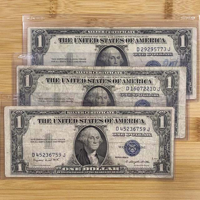 (3) 1935 G $1 Silver Certificates D-J BLOCK Blue Seal Notes US Currency Lot