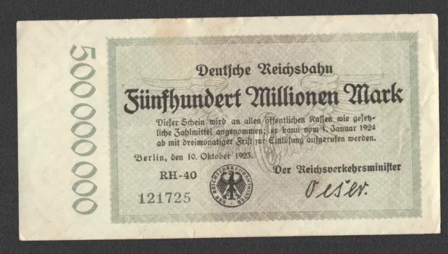 RVM- 9b), Reichsbahn - Berlin; 500 Mio. Mark vom 10. Oktober 1923; FZ „RH"