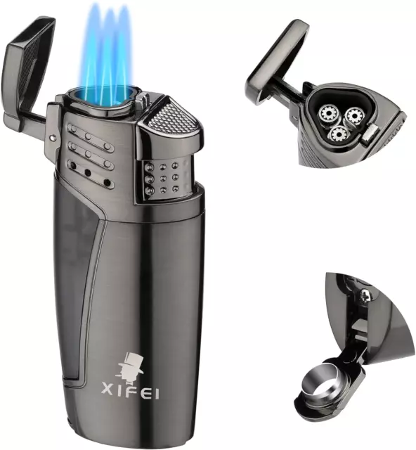 XIFEI Cigar Lighter 3 Jet Flame Windproof Butane Torch Lighters W/ Cigars Punch