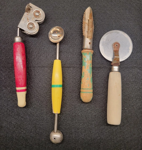 Vintage Ekco A&J Knife Sharpener Melon Baller Corer Etc. Painted Wooden Handles