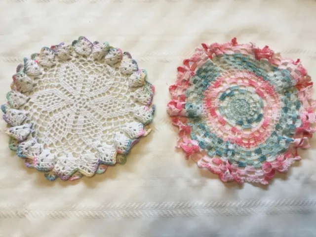 Lot of 2 Vintage Pink Blue White Round Crochet Doilies  (AA92)