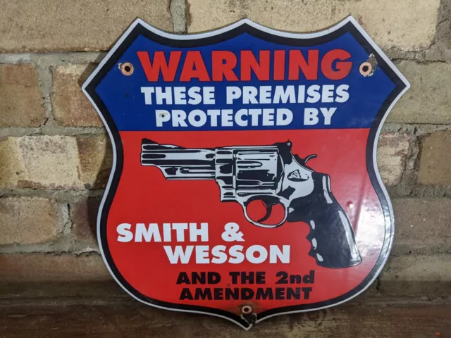 Vintage 1971 Warning 2Nd Amendment Smith & Wesson Porcelain Sign 12"