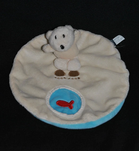 Peluche Doudou Ours SCRATCH Polaire Plat Rond Bleu Poisson Rouge Hochet TTBE