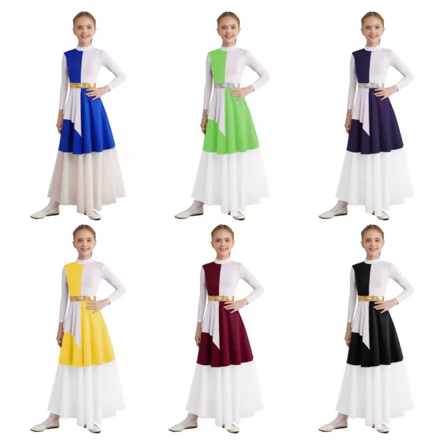 Kids Girls Costume Dance Dress Worship Dancewear Long Sleeve Mock Neck Praise