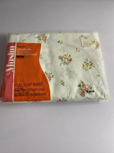 Vintage Montgomery Ward Muslin White Pink Floral Full Fitted Sheet- NOS  54x75