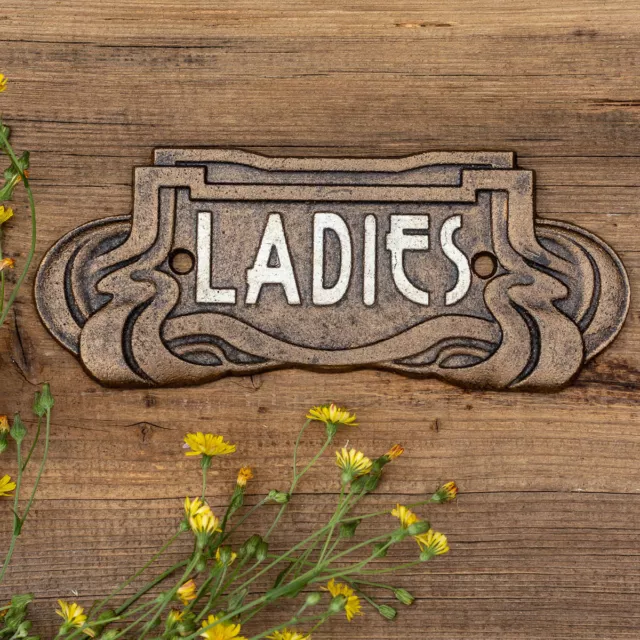 Schild "Ladies", WC, Toilettenschild, Jugendstil, Gusseisen, Antikbronze