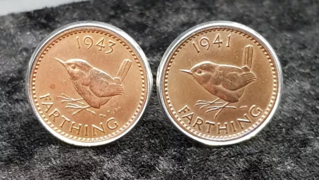 Pair Of Vintage Silver Plated 1941 1943 English Farthing Coin Cufflinks.