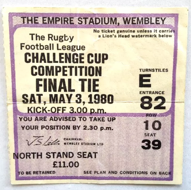 Rugby League Challenge Cup Final used ticket Sat 3rd May 1980 Wembley London