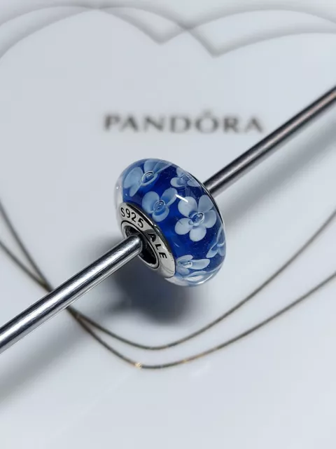 Genuine Pandora Silver Blue & White Flowers Murano Glass Bead Charm S925 ALE