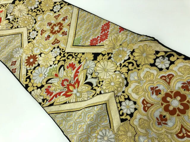 10869# Japanese Kimono / Antique Fukuro Obi / Woven Floral Crest