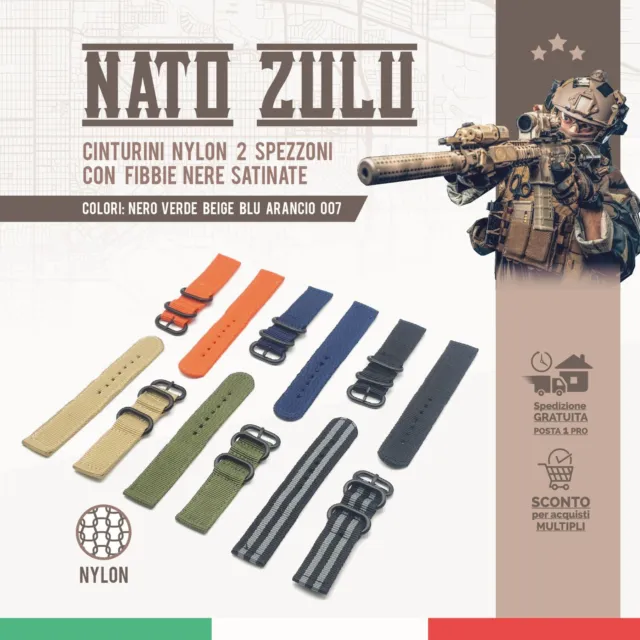 Cinturino Nato Zulu 2 strap 18 20 22 24 mm Nero 007 Verde Beige Blu Aarancio