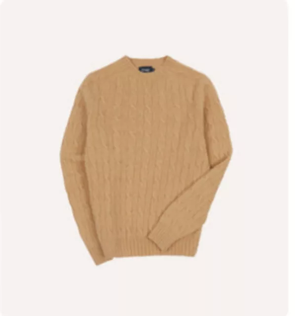 Drakes Light Brown Brushed Shetland Cable Knit Crew Neck Jumper (like new) x L