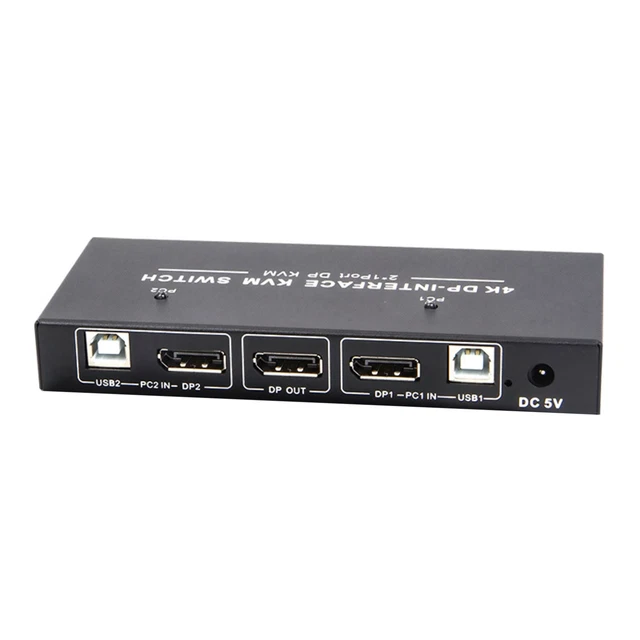 DisplayPort KVM Switch 2 In 2 Uit 4K@60Hz DP1.4 met 4 USB-poorten (3 USB A 1 USB C) voor 2 computers om dubbele monitoren, toetsenbord, muis, printer te delen, Inclusief 5V-voedingsadapter