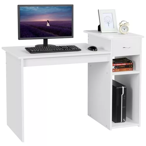 Bureau Informatique Table d'ordinateur tiroir étagère biblio 112x50x82cm Blanc