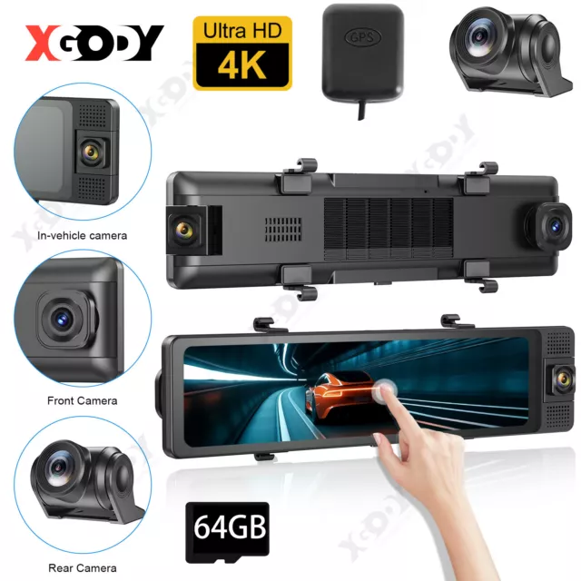 XGODY 12" 4K Car DVR Dash Cam 3 Channel Video Recorder Mirror GPS WIFI G-sensor