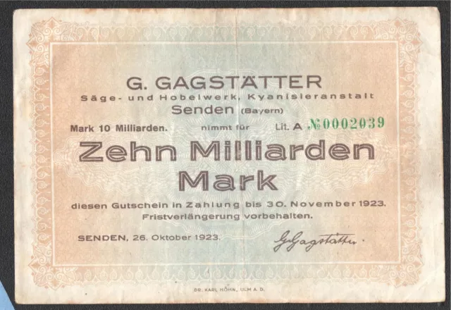 Senden, G. Gagstätter Säge- und Hobelwerk; 10 Mrd. Mark vom 26. Oktober 1923