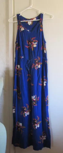 A New Day Sleeveless Royal Blue Floral Maxi  Dress Boho Rayon Elastic Waist, XS