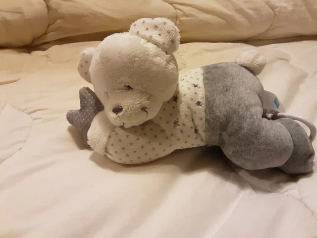 Doudou Peluche Ours Gris Blanc Étoiles Musical  Tex Baby