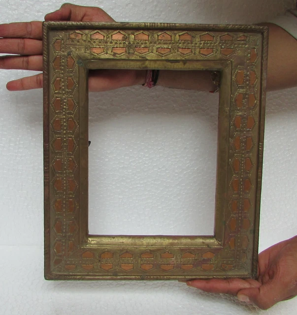 Old Hand Crafted Brass Copper Fitted Unique Shape Wooden Picture Photo Frame