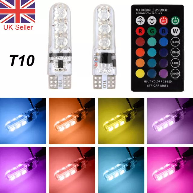 2pcs T10 LED Remote Control W5W 501 RGB Color Changing Car Wedge Side Bulb Light